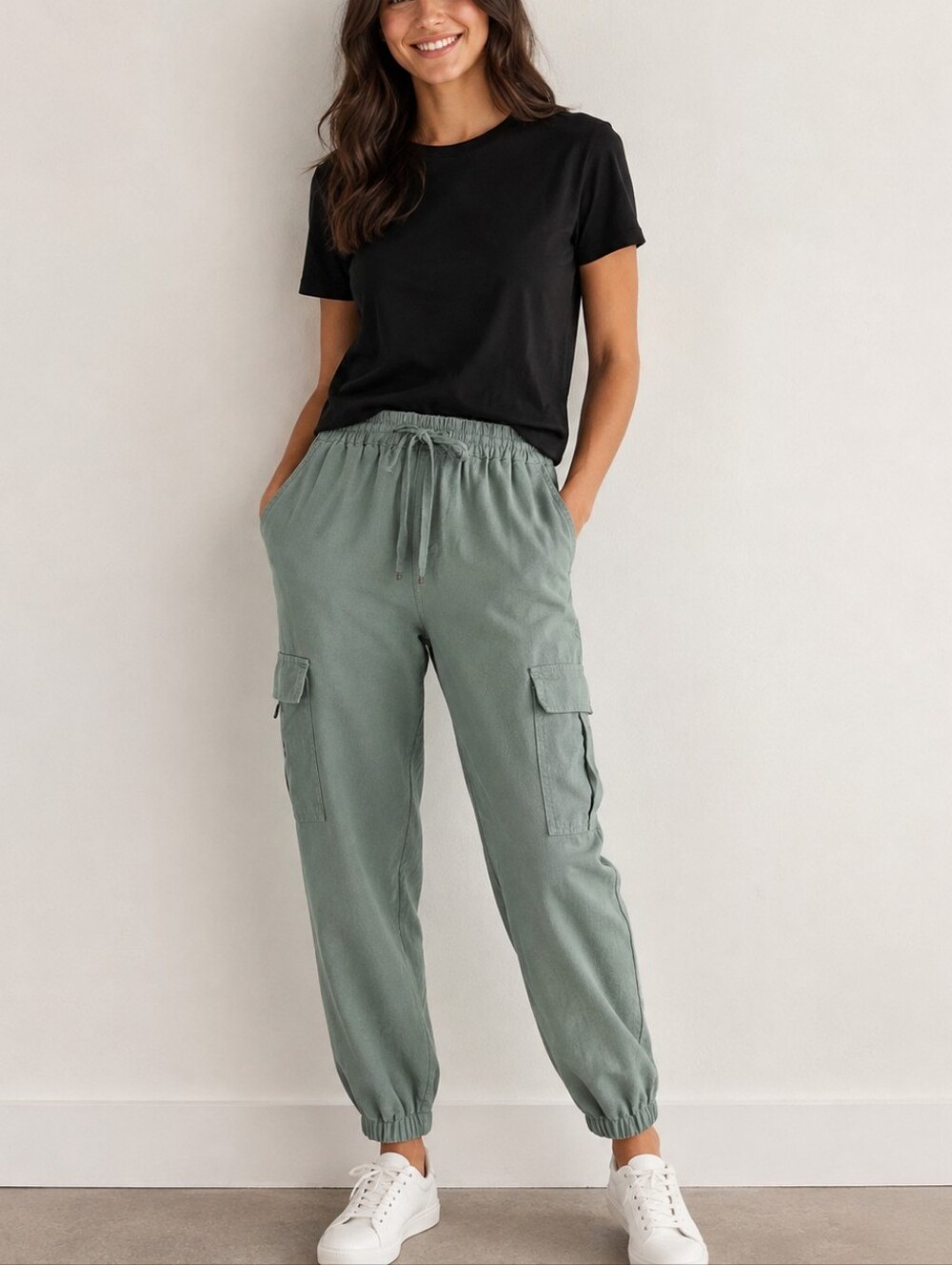 Green Linen Blend Cargo Joggers Sz S Coastal Casual  Resortwear Beachy